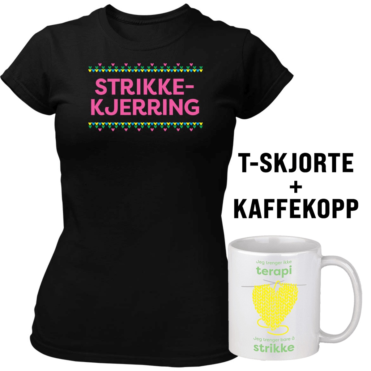 Strikkekjerring T-skjorte + Terapi Strikking Kaffekopp Pakkepris